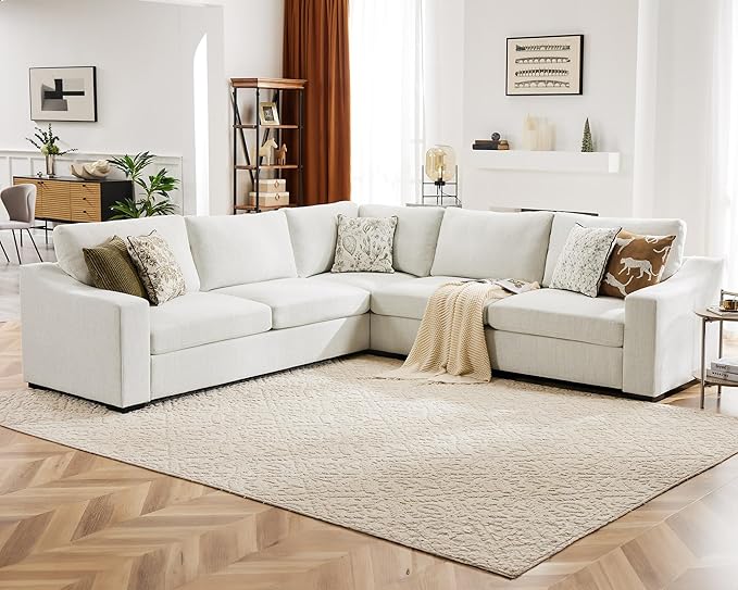 112" L Shaped Sectional Sofa with Detachable Sofa Cover, Reversible Sectional Modular Couch for Living Room, Linen Fabric Corner Couch with 7 Seats, Ivory-HomvellaHome