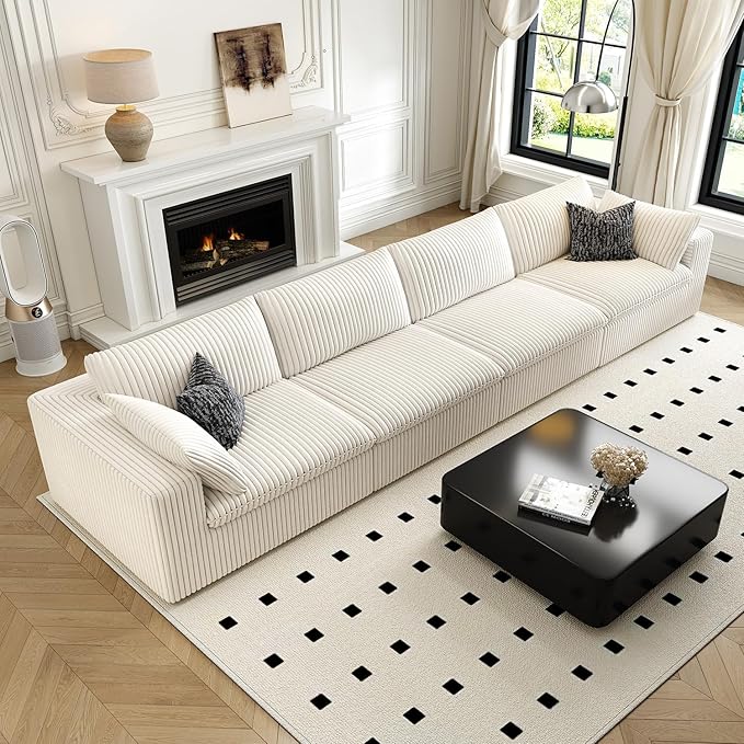 157.5" Cloud Couch Modular Sectional Sofa for Living Room,Modern Sofa with Deep Seat，4 Seater Boneless Couch,Comfy Upholstered Corduroy Couches for Apartment, Studio, Office,Bedroom，White-HomvellaHome