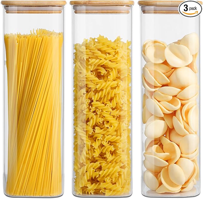 Glass Food Storage Jars with Lids(76oz)Square Set of 3 ,Glass Storage Containers Clear Glass Food Canister with Bamboo Lid Airtight For Serving Tea, Coffee Beans, Flour,Cookie, Cereal,Spice and More-HomvellaHome