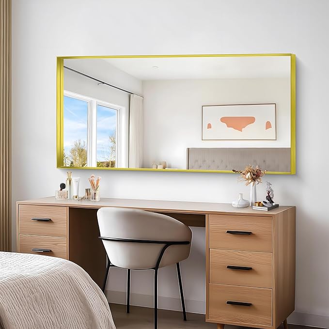 Gold Bathroom Mirror, 30x60 Inch Rectangular Deep Frame Mirror, Large Wall Mounted Bathroom Vanity Mirror Over Sink for Bedroom,Restroom, Living Room, Hangs Vertically or Horizontally-HomvellaHome