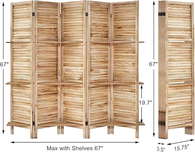 Room Divider with Shelves, Privacy Screen, Room Dividers and Folding Privacy Screens, 5 Panel Wood Temporary Wall Partition Separation Separator, Natural-HomvellaHome