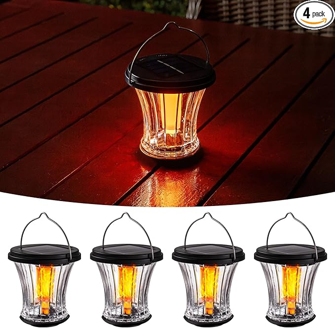 Glass Solar Lantern Outdoor Lights Waterproof, Flickering Flame Solar Lights with Modular Design, Auto On/Off Decorative Hanging Lanterns for Patio Garden Pathway Camping Deck Yard (4 Pack)-HomvellaHome