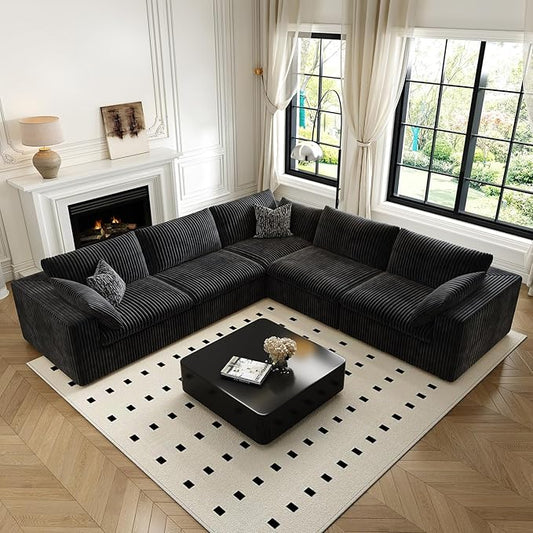 118" Cloud Couch Oversized Modular Sectional Sofa for Living Room,Modern Sofa with Deep Seat，V Shaped Boneless Couch,Comfy Upholstered Corduroy Couches for Apartment, Studio, Office,Bedroom，Black-HomvellaHome