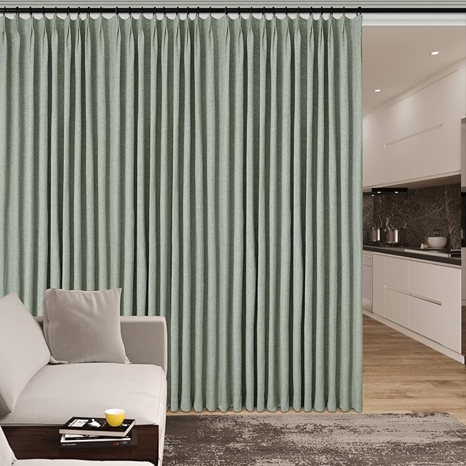 120" Wx108 L Linen Room Divider Drapes for Doorway/Glass Window/Sliding Door/Patio, Extra Wide Pinch Pleated Full Blackout Curtains for Girls Boys Teen Kids Room, 1 Panel, Fog Green-HomvellaHome