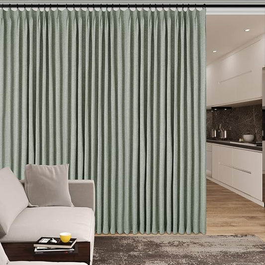 100" W x 84" L Faux Linen Room Divider Curtains, Full Blackout Pinch Pleated Drapes for Traverse Rod, Bedroom Divider Privacy Drapery with Hooks for Ceiling Track, 1 Panel, Fog Green-HomvellaHome