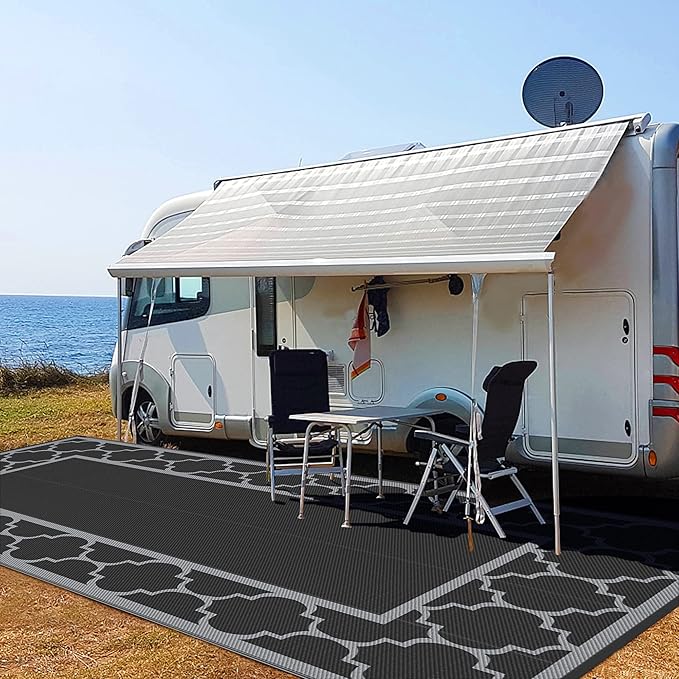 GENIMO 9' x 18' Outdoor Rug Waterproof for Patio, Foldable Reversible Plastic Straw Area Rugs Mat for Rv Decor, Outside Carpet for Camper, Deck, Picnic, Beach, Balcony, Porch, Black & Grey-HomvellaHome