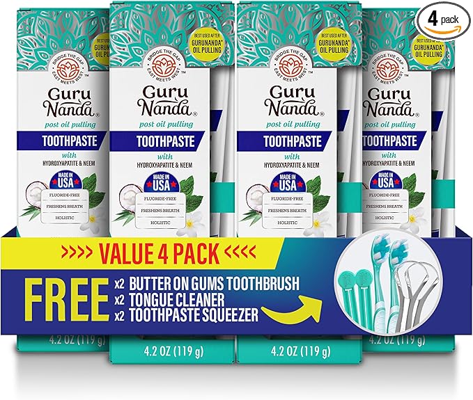 GuruNanda Hydroxyapatite Toothpaste, SLS & Fluoride Free (4 Pack), Whitening Toothpaste - Freshens Breath, Fights Plaque - with 2 Toothbrushes, 2 Tongue Scrapers & 2 Tube Squeezers-HomvellaHome