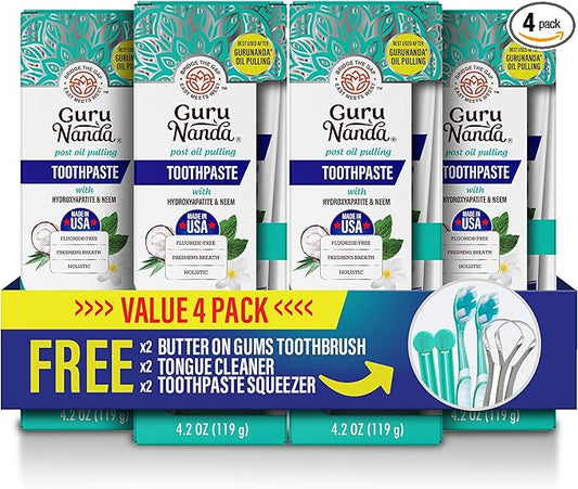 GuruNanda Hydroxyapatite Toothpaste, SLS & Fluoride Free (4 Pack), Whitening Toothpaste - Freshens Breath, Fights Plaque - with 2 Toothbrushes, 2 Tongue Scrapers & 2 Tube Squeezers-HomvellaHome