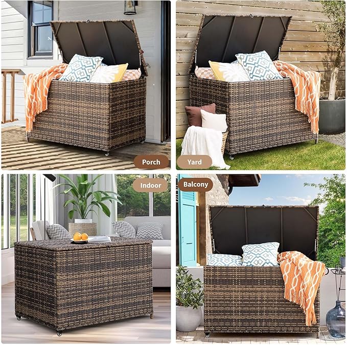 178 Gallon Outdoor Storage Box, Handle Large Portable Wicker Rattan Deck Box for Patio Furniture Cushions, Patio Deck Box with 2 WheelsThrow Pillows, Garden Tools and Pool Floats (Brown)-HomvellaHome