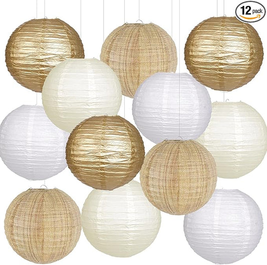 Paper Lanterns Gold White Round Hanging Chinese Lanterns for Wedding Birthday Party Boho Baby Shower Decorations Pack of 12