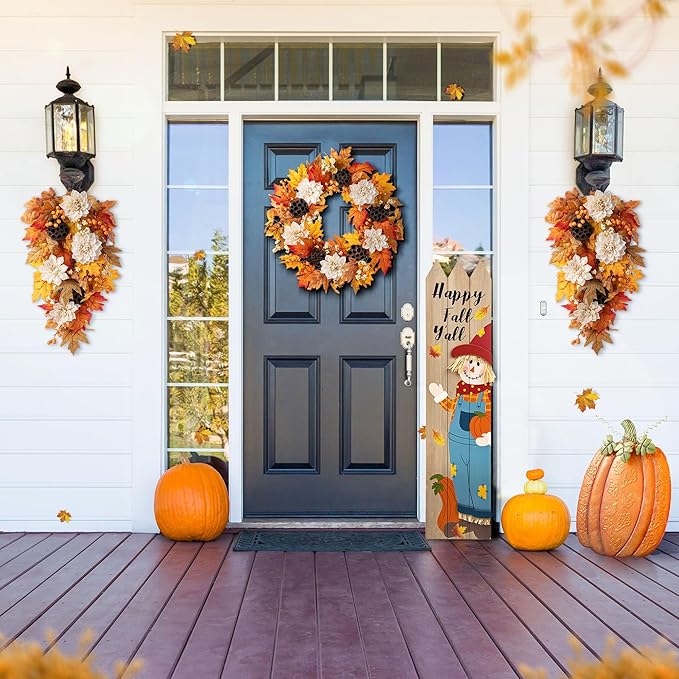 Glitzhome 24" D Fall Sorghum Wreath with Metal Hanger, Harvest Wreath for Front Door, Fall Door Wreaths for Indoor Outdoor Thanksgiving Harvest Holiday Decorations-HomvellaHome