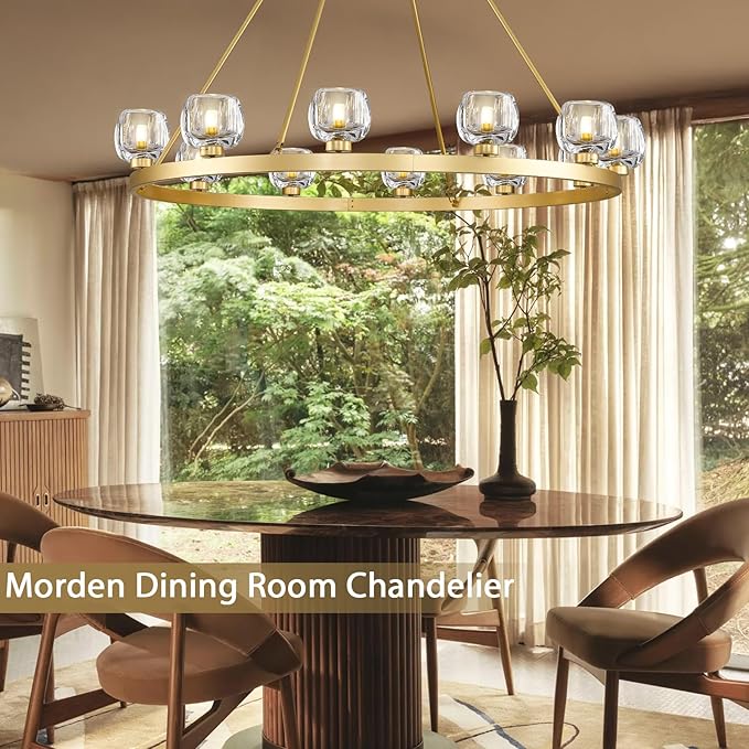 Gold Wagon Wheel Chandelier, 48 Inch Brass Chandeliers with Unique Glass Shade, 12-Light Crystal Large Wagon Wheel Chandeliers for Dining Room, High Ceiling Round Chandelier for Living Room, Foyer-HomvellaHome