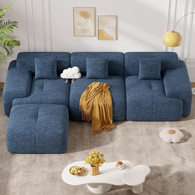 122" Modern L Shaped Modular Sectional Sofa, Boneless Couches for Living Room with Ottoman,4 Seater Convertible Chenille Cloud Couch Sofa Set, No Assembly Required, Blue 1 PCS-HomvellaHome