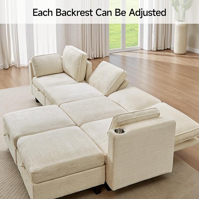 110" Modular Sectional Sofa, Convertible Sleeper Sofa Couch Bed with Adjustable Backrest, U-Shaped Chenille Cloud Couch with Ottoman Storage, Deep Seat Couches for Living Room,Beige-HomvellaHome