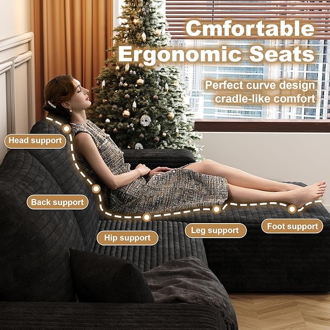 108" Sectional Couches for Living Room Modern Modular Sofa with L-Shape Couchs Upholstered Boneless Couch Deep Seat Sectional Couch with Chaise (Black, Right Facing Chaise+2Seaters)-HomvellaHome