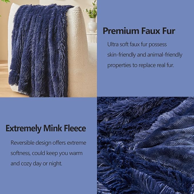 GONAAP Fuzzy Faux Fur Throw Blanket Twin Size Dark Navy Super Soft Cozy Plush Fuzzy Shaggy Blanket for Couch Sofa Bed (Dark Navy, Twin(60"x80"))-HomvellaHome