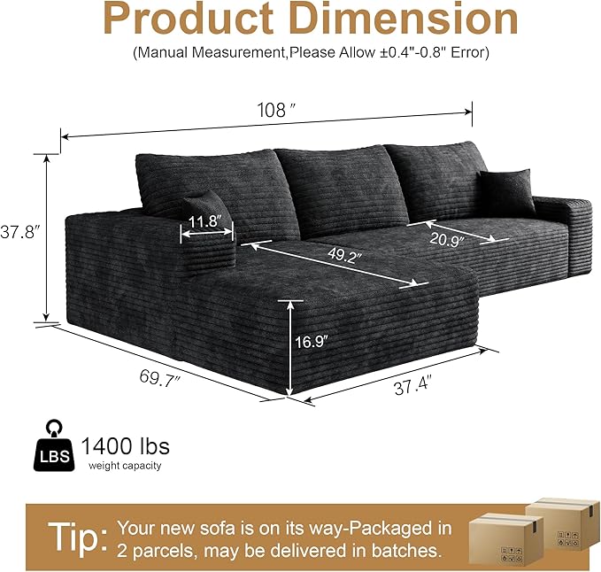 108" Sectional Couches for Living Room Modern Modular Sofa with L-Shape Couchs Upholstered Boneless Couch Deep Seat Sectional Couch with Chaise (Black, Left Facing Chaise+2Seaters)-HomvellaHome