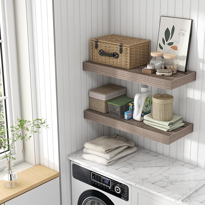 12 Inch Deep Floating Shelves for Wall | 30 Inch Floating Shelves Set of 2 | Rustic Grey Wood Shelves for Living Room Bathroom Laundry Room Bedroom Kitchen Home Office - Rustic Grey-HomvellaHome