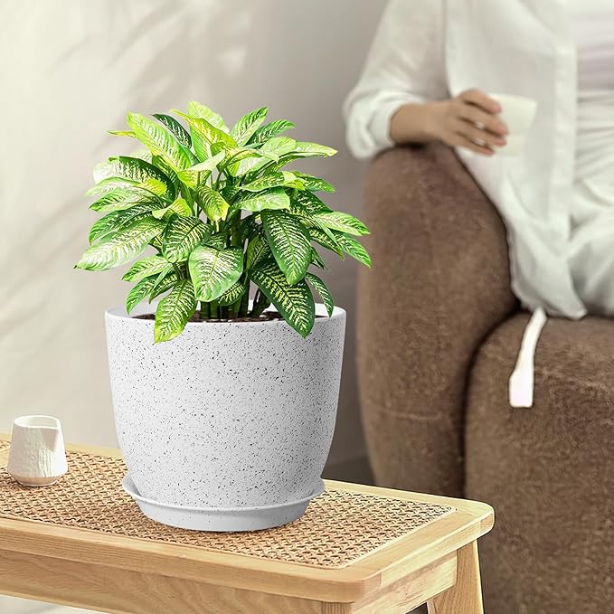 10/9/8 inch Medium Plant Pots, Set of 3 Modern Decorative Plastic Planters with Drainage Holes and Saucers for Garden House Plants, Flower Pots for Indoor Outdoor Plants, Speckled White-HomvellaHome