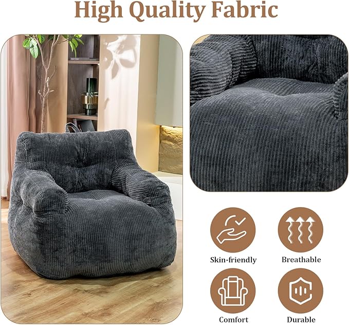 Giant Bean Bag Chair, Faux Fur Large Bean Bag Chair for Adults, Fluffy and Comfy Giant Bean Bag Chair with Filler, Big Bean Bag Sofa Chair for Reading, Gaming, Grey-HomvellaHome