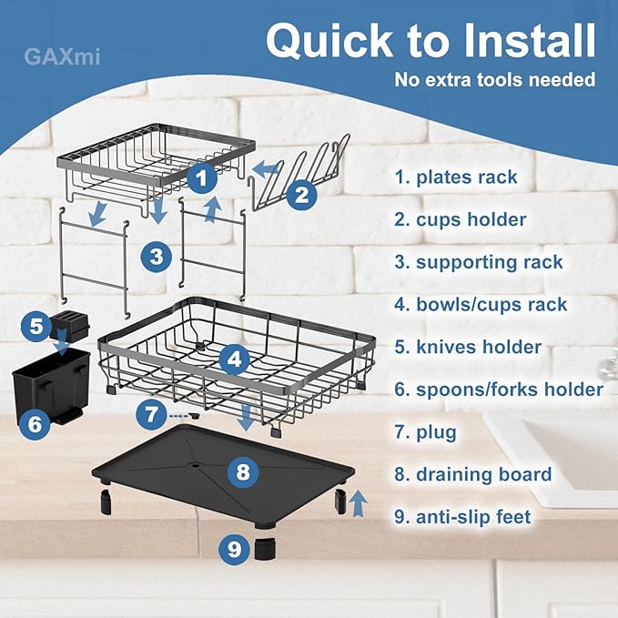 GAXmi Dish Drying Rack Over The Sink Dish Drainer with Drainboard Utensil Holder Cup Holder, 2-Tier Grey-HomvellaHome