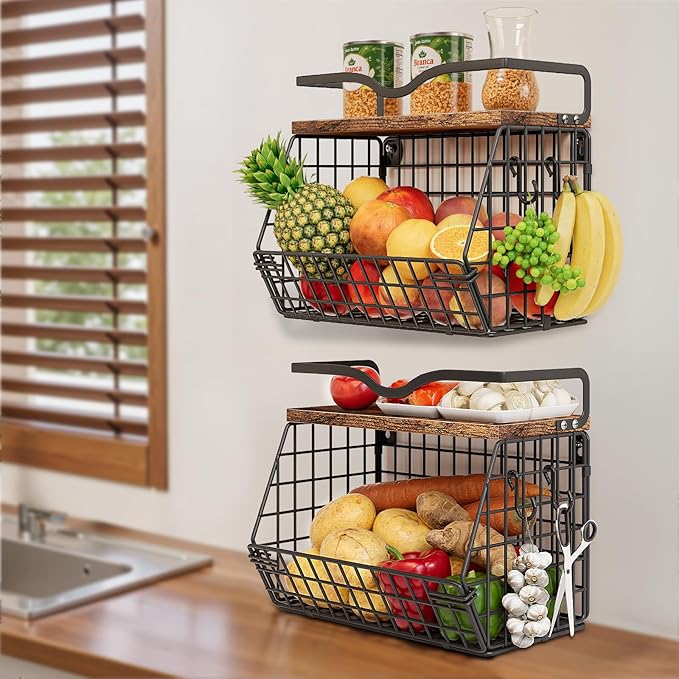 2 Pack Fruit Bowl Hanging Fruit Basket for Kitchen Counter ,Stackable Wire Baskets for Onion Storage and Potato Storage with Wood Lid,Vegetable Fruit Basket with Banana Hooks-HomvellaHome