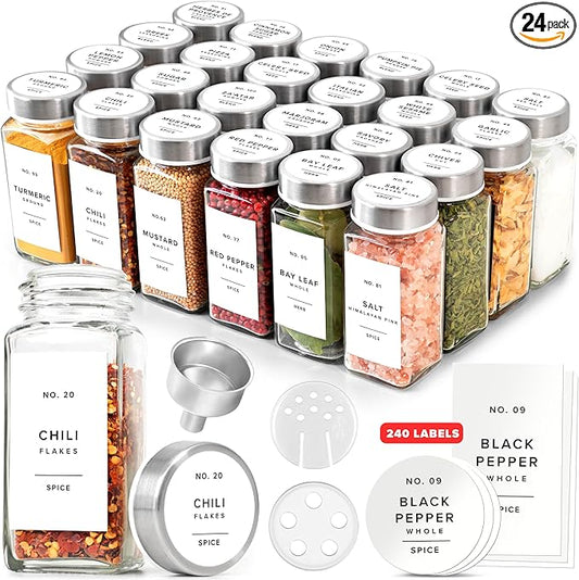 Glass Spice Jars with Label and Stainless Steel Lids (24 x 4oz) Spice Containers with 240 Labels, Shaker Inserts, Steel Funnel, Empty Square Empty Square Seasoning Organizer (White)-HomvellaHome