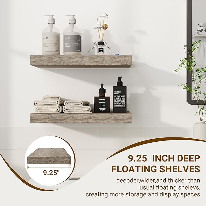 16 Inch Floating Shelves, 3D Textured Wood Grain, 16"x9.25"x1.5" Inch Deep Floating Shelves for Wall, Wooden Shelves for Bathroom, Bedroom, Living Room, Vintage Gray Oak-HomvellaHome