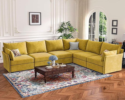 135.5" Oversized Modular Sectional Sofa, L Shaped Convertible Couch with Movable Ottoman, Large 6 Seat Corner Couches for Living Room Deep Seat Yellow Chenille-HomvellaHome