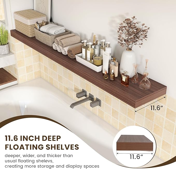 12 Inch Deep Floating Shelves for Wall | 72W x 12D Floating Shelves Set of 1 | Rustic Walnut Long Floating Shelves for Living Room Bathroom Laundry Room Bedroom Kitchen Home Office-HomvellaHome