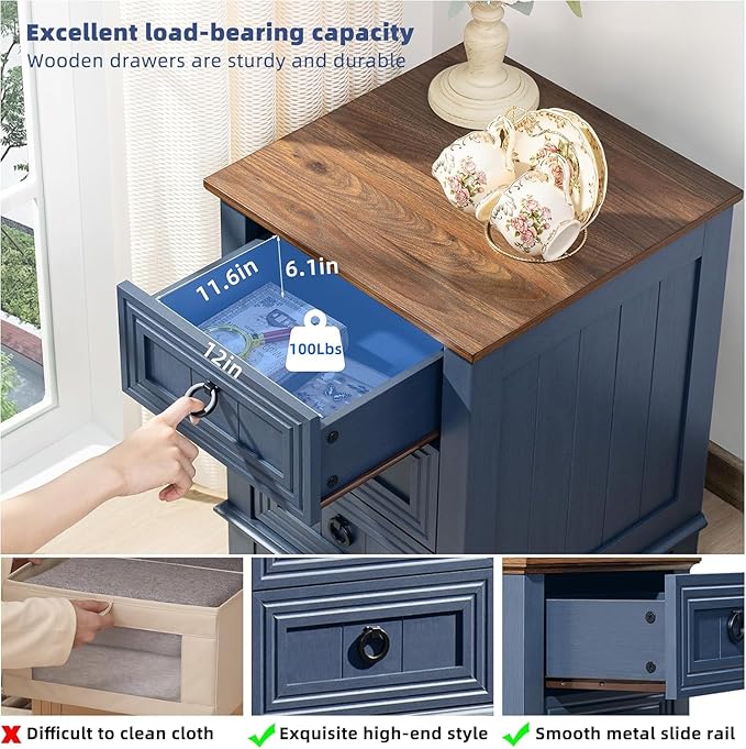 18" Farmhouse Night Stands Set of 2 with Charging Station, 2 & 3 Drawers End Table Dresser for Bedroom, Blue Wooden Nightstand, Bed Side Table with Open Shelf, Bedside Cabinet for Living Room-HomvellaHome
