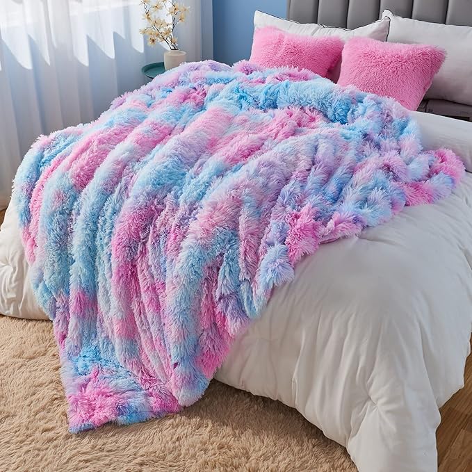 GONAAP Fuzzy Faux Fur Throw Blanket Twin Size Purple Rainbow Super Soft Cozy Plush Fuzzy Shaggy Blanket for Couch Sofa Bed (Purple Rainbow, Twin(60"x80"))-HomvellaHome