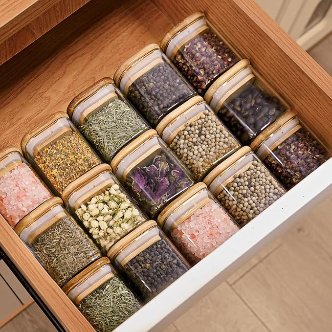 Glass Food Storage Jars Square 4oz, 12 Pack Glass Jars With Bamboo Lids, Kitchen Storage Containers For Spice, Candy, Cookie, Storage For Pantry Organizers-HomvellaHome