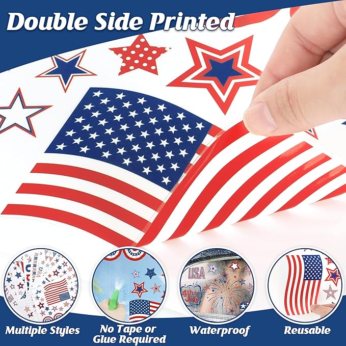 158 Pcs 4th of July Window Clings, 9 Sheets Patriotic Window Clings Decals, Watercolor Double-Sided American Flag Stars Firework Window Stickers for Independence Day Parade Veterans Memorial Day Decor-HomvellaHome