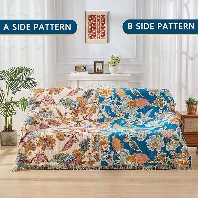 100% Muslin Throw Blanket for Couch, Butterfly and Floral Double Embroidery Fall Throw Blanket 60"x80" for Sofa, Chair, Woven Cotton Reversible Mexican Blanket-HomvellaHome