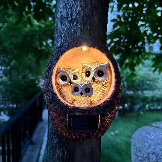 Garden Owl Family Tree Hugger Statue Solar Powered Outdoor Wall Mounted Figurine Light Resin Sculpture Home Decoration Housewarming Ornament Unique Gift-HomvellaHome