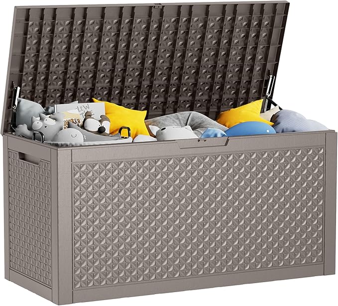100 Gallon Resin Deck Box, Lockable Outdoor Storage Box for Patio Cushions Storage Furniture,Garden Tools, Pool Supplies, Weatherproof and UV Resistant (Grey L)-HomvellaHome