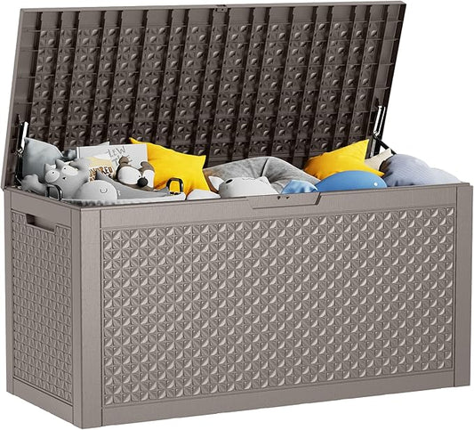 100 Gallon Resin Deck Box, Lockable Outdoor Storage Box for Patio Cushions Storage Furniture,Garden Tools, Pool Supplies, Weatherproof and UV Resistant (Grey L)-HomvellaHome