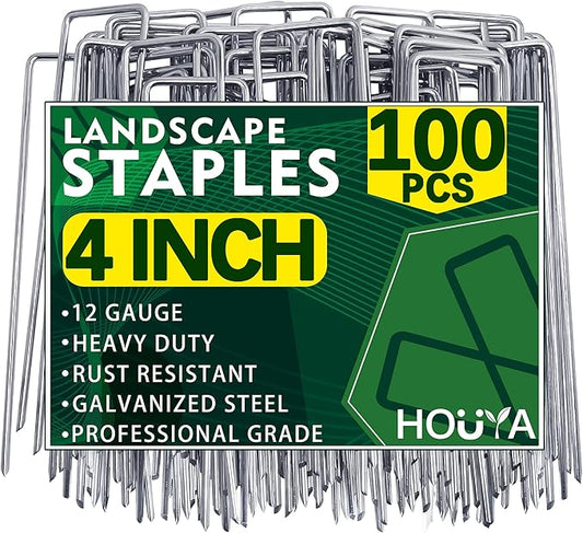 100 Pack Landscape Staples 4 Inch 12 Gauge Garden Stakes Galvanized Garden Staples Pins Anti-Rust Ground Stakes for Weed Barrier, Irrigation Tubing, Yard Lawn, Landscape Fabric-HomvellaHome