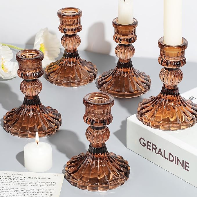 12PCS Amber Candlestick Holders Set- 4" H Taper Candle Holders, Glass Candle Holders Bulk for Wedding, Party, Fall Home Table Centerpieces, Festival Gifts & Windowsill Decor-HomvellaHome