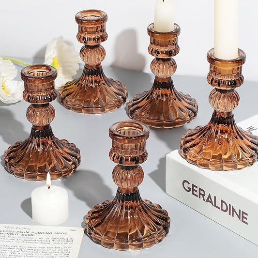 12PCS Amber Candlestick Holders Set- 4" H Taper Candle Holders, Glass Candle Holders Bulk for Wedding, Party, Fall Home Table Centerpieces, Festival Gifts & Windowsill Decor-HomvellaHome