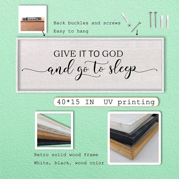 Give It To God And Go To Sleep Above Bed Wall Decor Sign 40"X15" Master Bedroom Over Bed Wall Wood Framed Art (White)-HomvellaHome