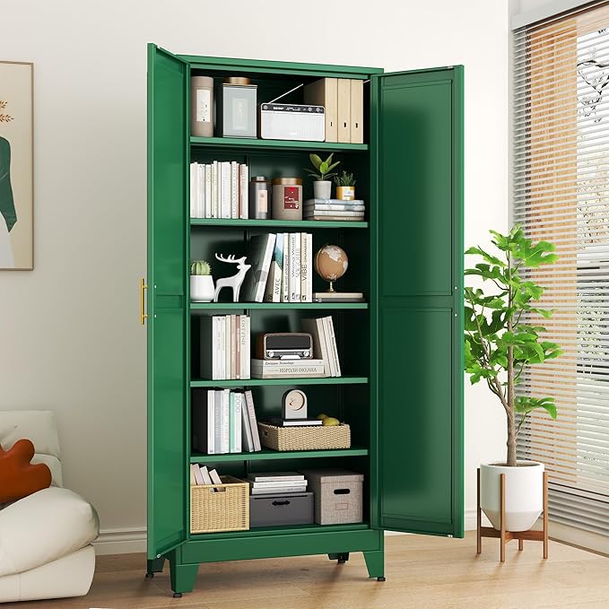 Green Metal Storage Cabinet,75" Steel Cabinets for Home Office, Kitchen Pantry Storage Cabinet with Doors and 5 Adjustable Shelves, Tool Cabinets, for Office, Home, Garage, School-HomvellaHome