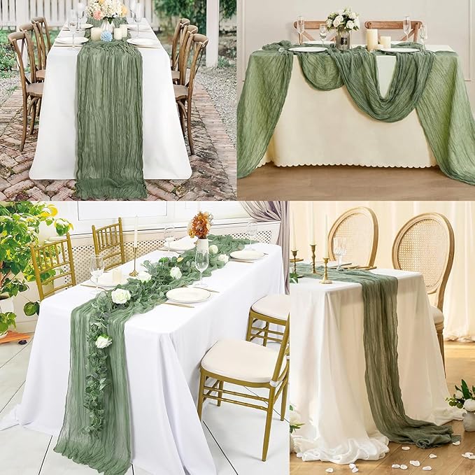 12 Pack Sage Green Cheesecloth Table Runner 10FT Rustic Gauze Fabric Cheese Cloth Table Runner for Wedding Bridal Baby Shower Table Decor 20 x 120 Inch Long Boho Sheer Birthday Party Table Decorations-HomvellaHome