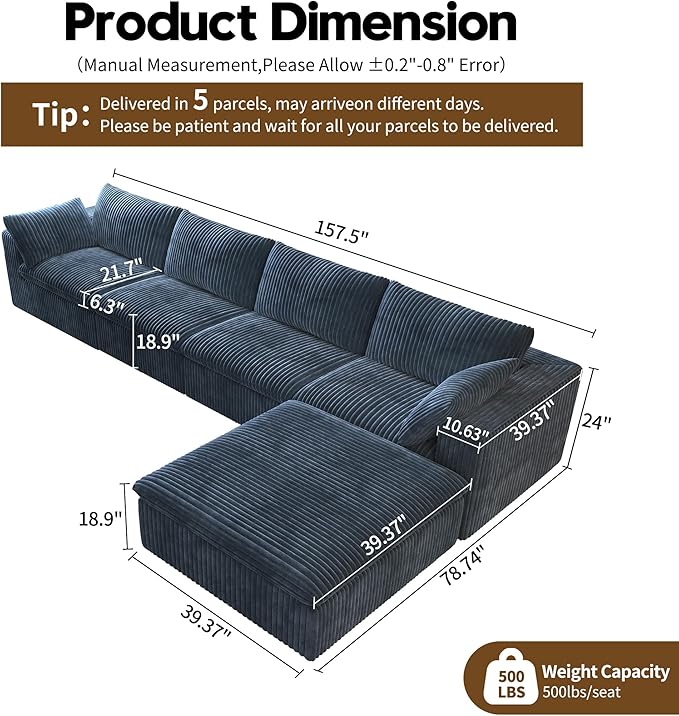 157.5" L Shaped Modern Sofa Modular Sectional Cloud Couch with Ottoman,Deep Seat Upholstered Couches with Corduroy Fabric for Living Room Furniture,Bedroom and Apartment,No Assembly Required,Blue-HomvellaHome