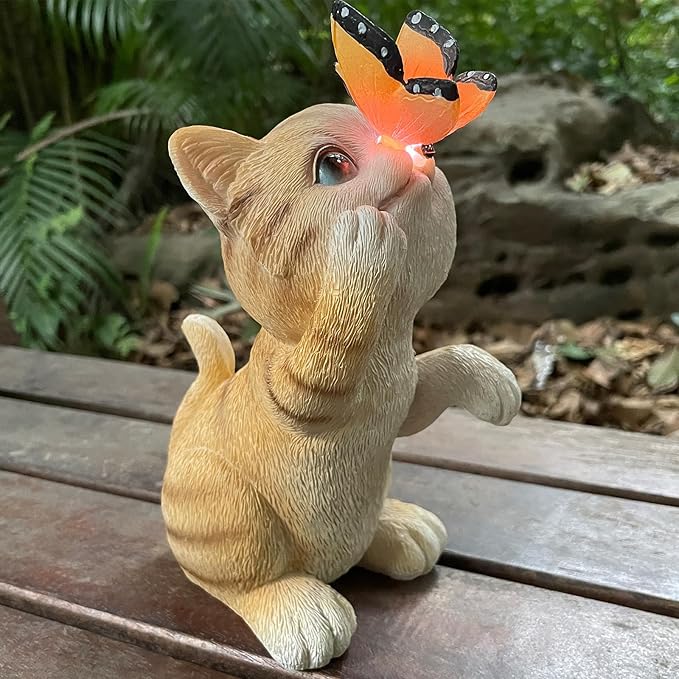 Garden Decor Solar Cat Figurines Cat Lover Gifts with LED Butterfly Lights for Indoor Outdoor Decor for Yard Garden Patio Decor Gifts for Women Grandma Mother's Day Birthday-HomvellaHome