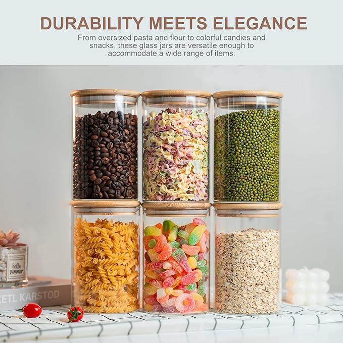 Glass Food Storage Jars 6-Pack 37oz - 4x6 in-Clear Glass Food Canisters with Bamboo Lid Airtight For Serving Tea, Coffee, Flour, Sugar, Candy, Cookie, Spice and More (Circular)-HomvellaHome