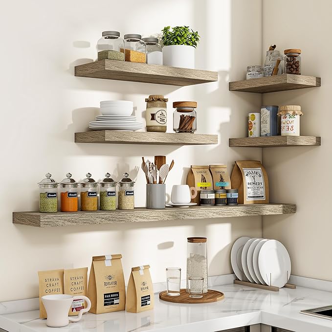 16 Inch Floating Shelves, 3D Textured Wood Grain, 16"x9.25"x1.5" Inch Deep Floating Shelves for Wall, Wooden Shelves for Bathroom, Bedroom, Living Room, Vintage Gray Oak-HomvellaHome