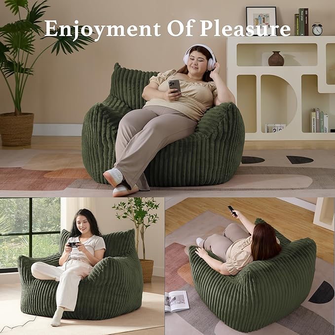 Giant Plush Bean Bag Chair for Adults with Armrests - Oversized Comfy Green Beanbag Lounge Lazy Floor Sofa Accent Chair for Living Room, Bedroom & Dorm, Cozy Fluffy Single Cloud Mini Couch-HomvellaHome