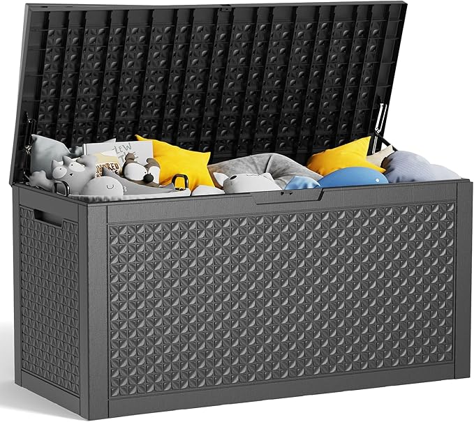 100 Gallon Resin Deck Box, Lockable Patio Outdoor Storage Box for Furniture, Garden Tools and Tools Storage, Waterproof Outside Storage Boxes - Patterned black-HomvellaHome